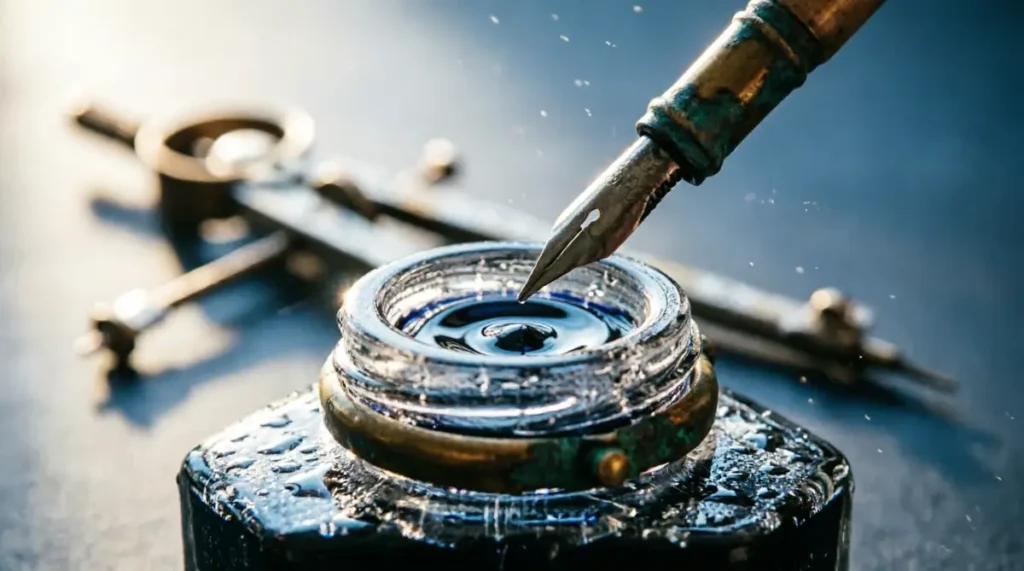 Glass inkwell close-up, quill hovering, condensation droplets, steel-blue tension (AI-generated illustration)