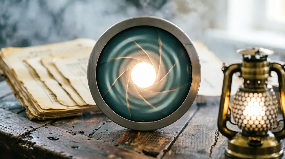 Focus aperture with glowing circular frame, evidence ledger pages with aligned repeating patterns, brass pattern lantern showing signal recognition (AI-generated illustration)