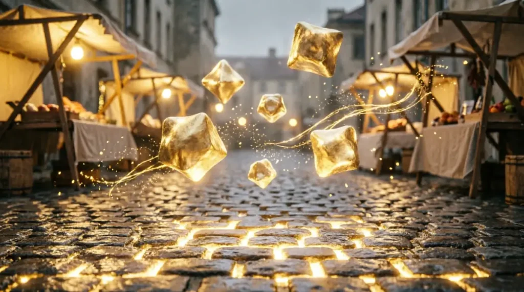 cobblestones with golden light, floating golden particles in ambient pattern, self-illuminating market stalls(AI-generated illustration)