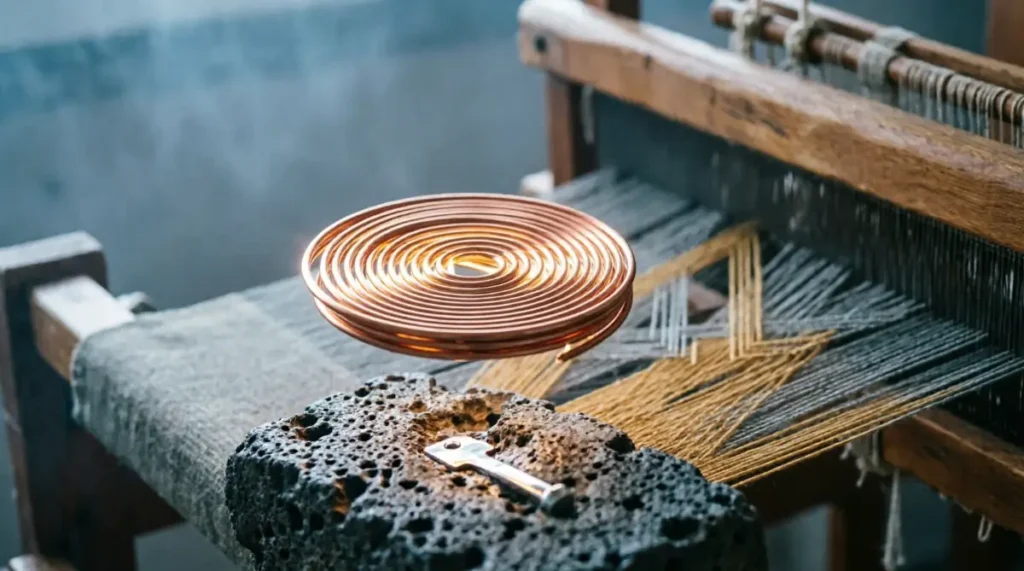 Glowing copper spiral coil, wooden loom aligned woven threads, porous stone with attachment(AI-generated illustration)