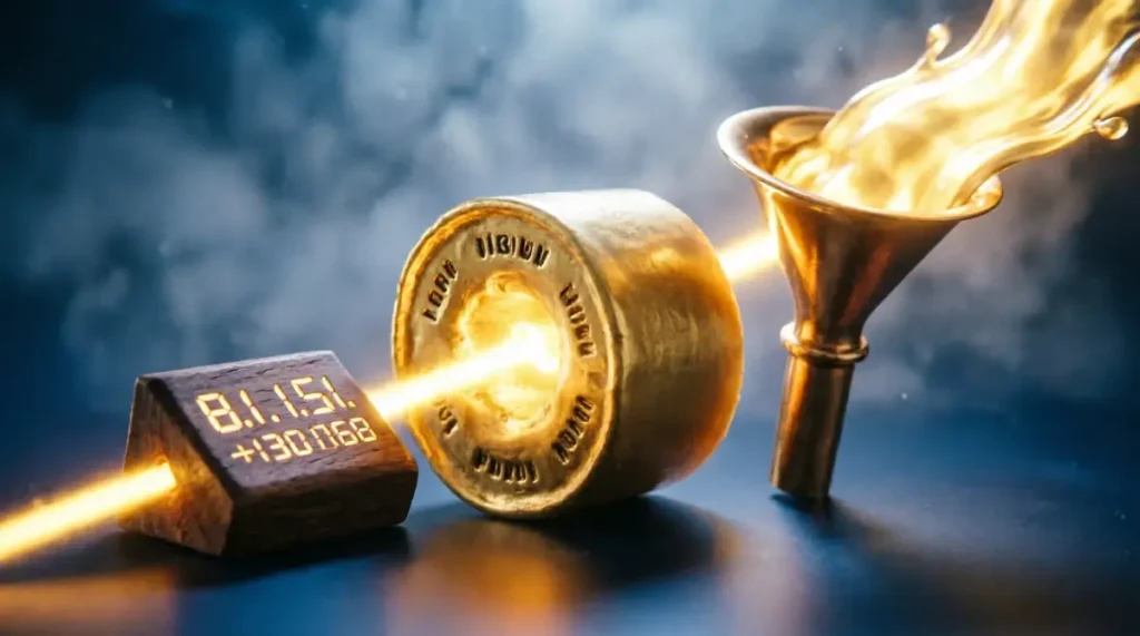 Wax cylinder with glowing golden core and text, wooden block with numbers, brass funnel with golden flame (AI-generated illustration)