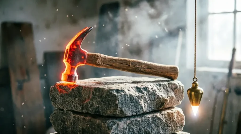 Mason hammer with glowing red-orange head on stacked stones glowing white brass plumb bob atmospheric smoke - ask what you have done (AI-generated illustration)