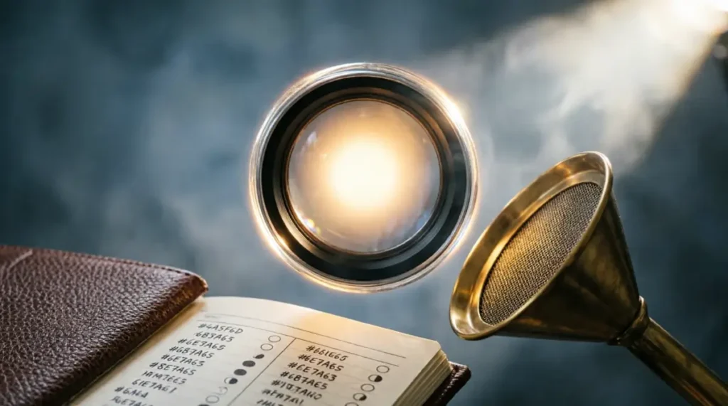 Glass lens glowing aperture, brass funnel aligning mesh, leather ledger with marked micro-goal entries(AI-generated illustration)