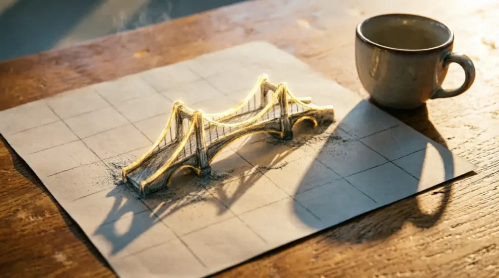 Roadmap with golden bridge connecting to destination dot, graphite dust settling into grid, mug shadow receding (AI-generated illustration)