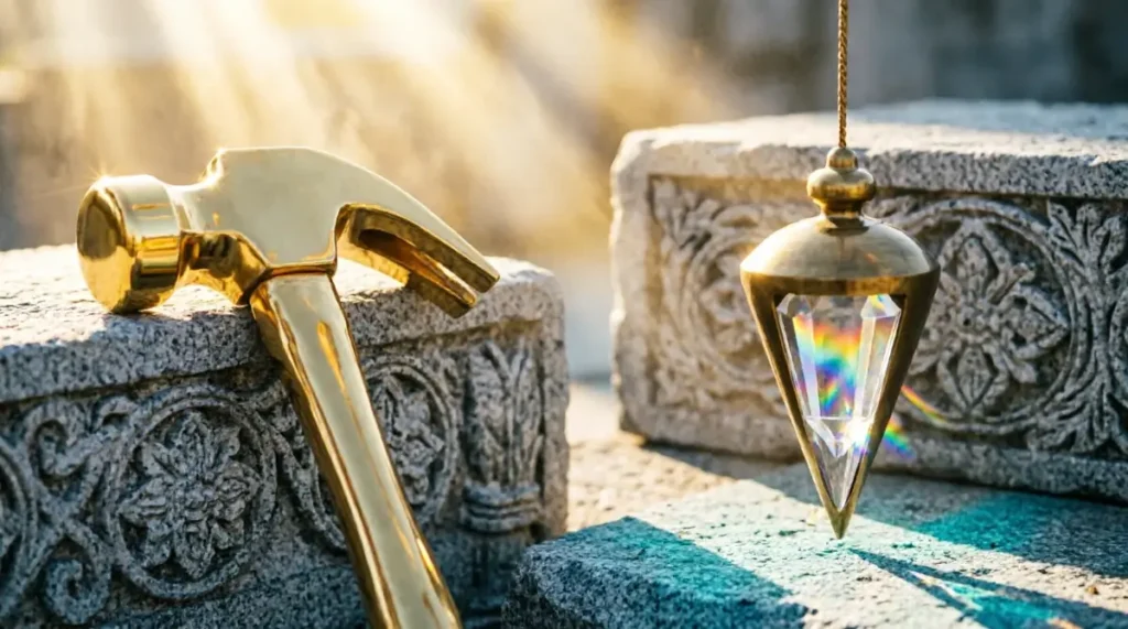 Golden polished mason hammer on carved ornate stone blocks brass plumb bob with crystalline rainbow refraction - tally beats emotional gauge (AI-generated illustration)