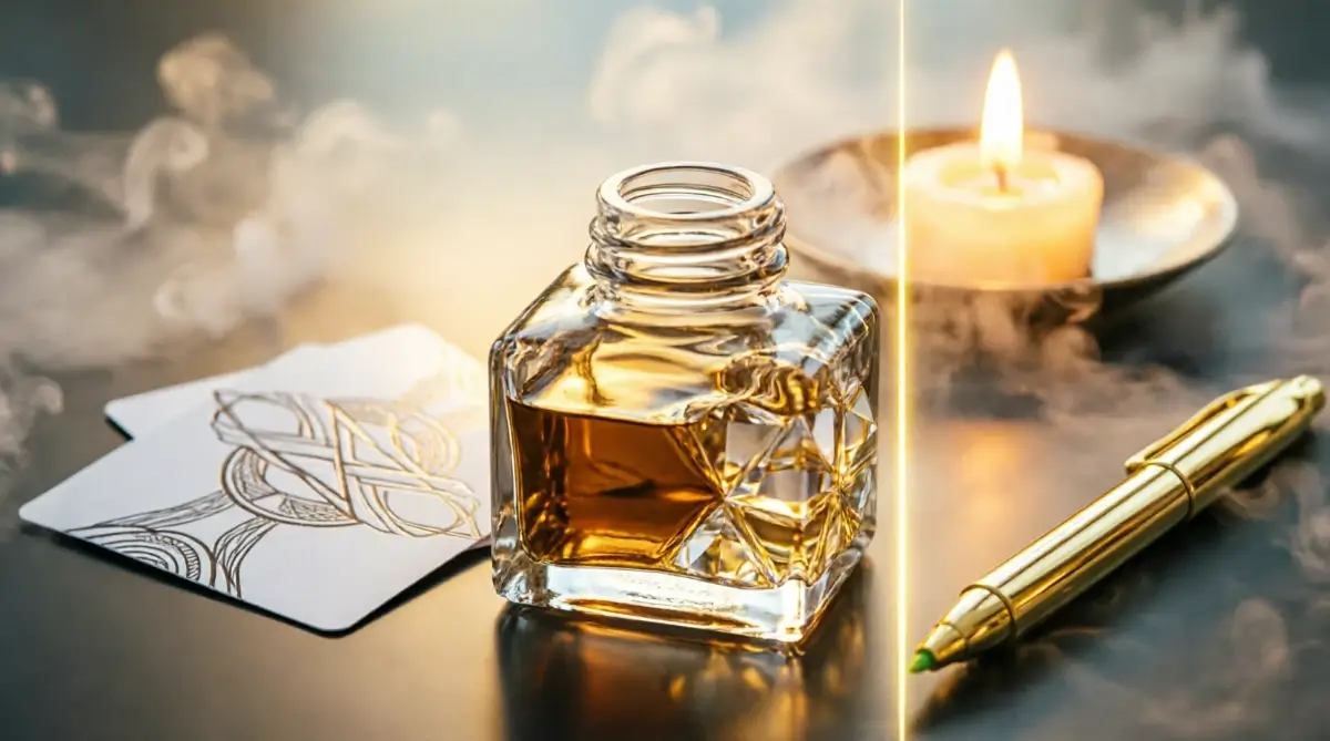 Golden inkwell with crystalline structure, blank cards with seamless patterns, golden pen and candle showing craftsman reading not consumer (AI-generated illustration)