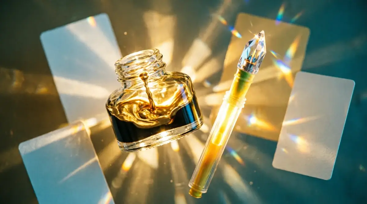 Golden flowing inkwell, integrated blank cards with seamless pattern, crystal-tipped highlighter with rainbow light showing automatic fluency (AI-generated illustration)