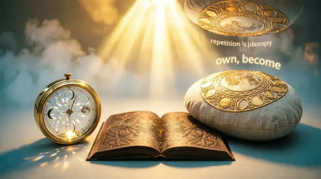 Dream journal with golden patterns, golden raised pillow embroidery, glowing moon dial(AI-generated illustration)