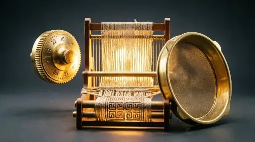 Golden thread loom with patterns, brass dial, sifting pan data becomes familiar (AI-generated illustration)