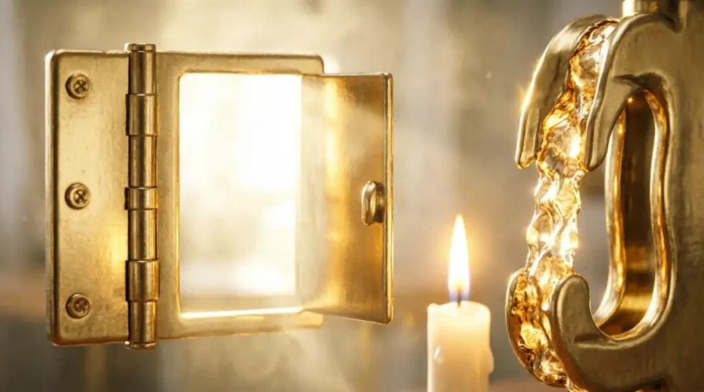 Integrated hinge, open shutter, golden seam with candle reflection showing minimum viable consistency for bad days (AI-generated illustration)