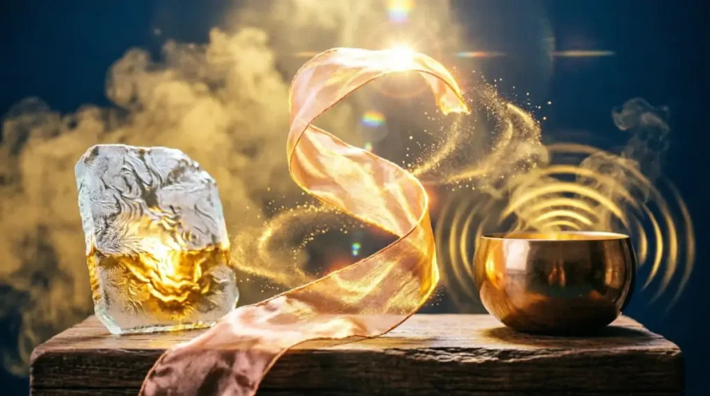 Silk ribbon with golden flow, etched glass slate, bronze bowl with golden waves (AI-generated illustration)