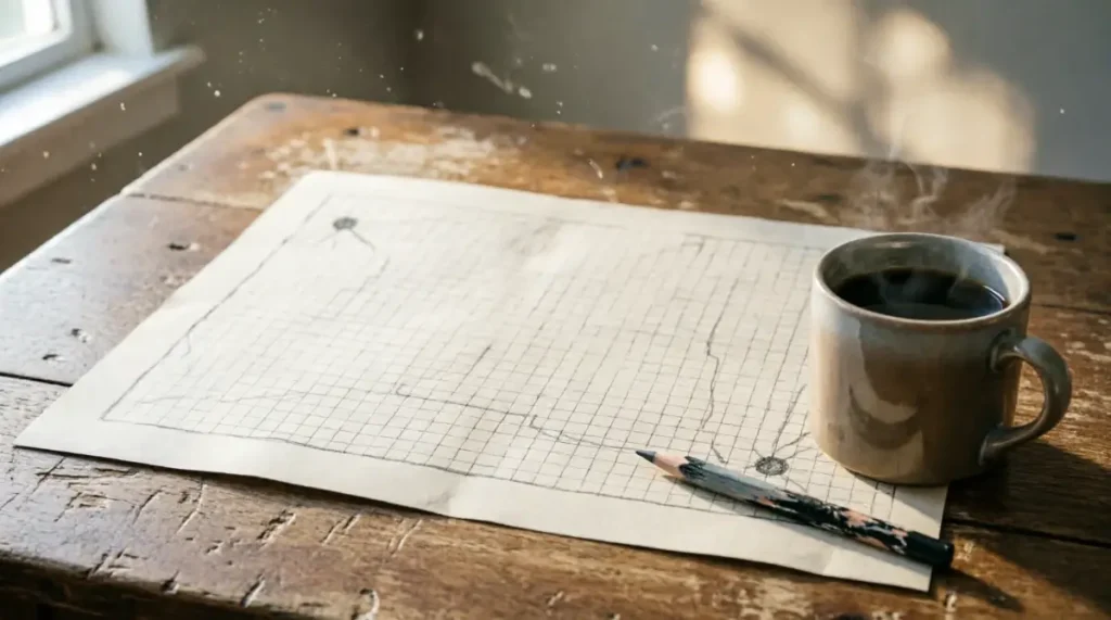 Graph paper roadmap on wooden desk, two graphite dots marked, ceramic mug casting morning shadow, pencil beside map (AI-generated illustration)