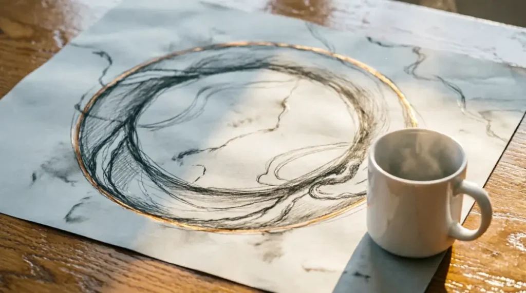 Roadmap with central circular graphite loop, faint review marks inside, ceramic mug shadow curving to follow path (AI-generated illustration)
