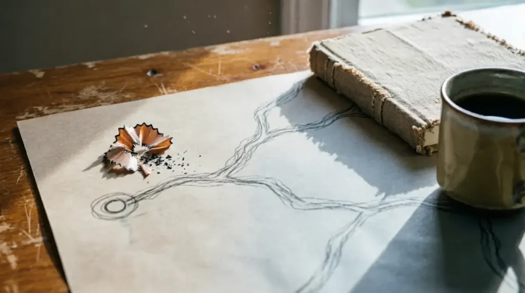 Roadmap, hesitant graphite strokes, scattered pencil shavings, linen notebook at edge, mug shadow lengthening (AI-generated illustration)