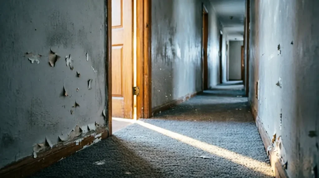 Empty hallway with peeling paint, warm light spilling from ajar door onto cool carpet (AI-generated illustration)