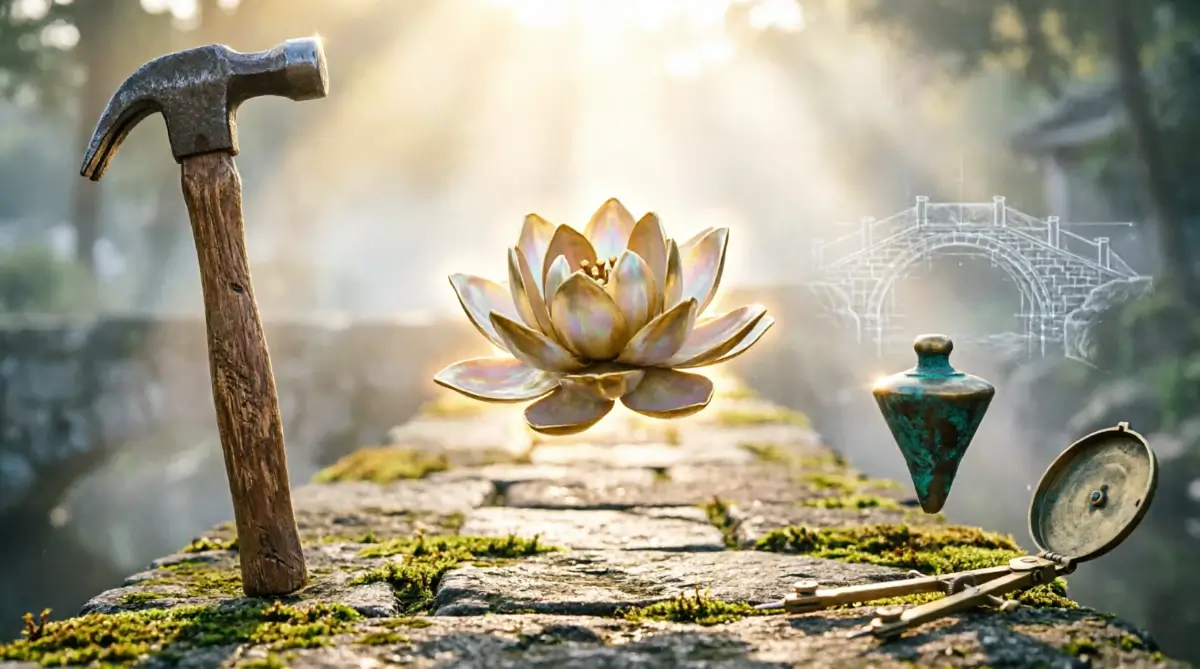 Mason hammer upright on mossy stone path golden lotus flower blooming brass plumb bob compass bridge blueprint - bridge never finished it grows (AI-generated illustration)