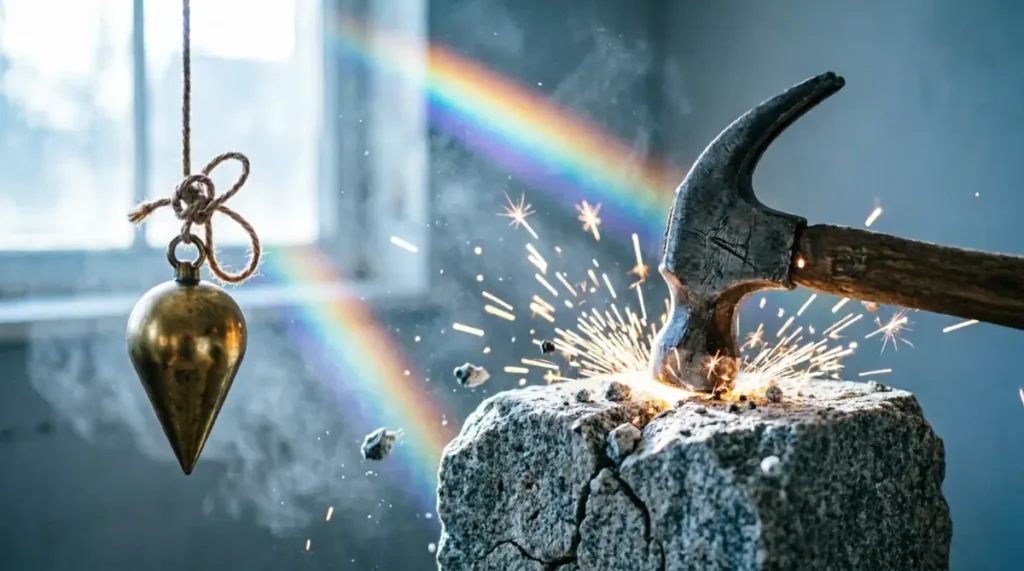 Brass plumb bob with tangled rope mason hammer striking stone creating sparks rainbow light beams - click never arrives action does (AI-generated illustration)