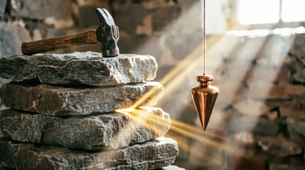 Mason hammer on stacked rough stone blocks with brass plumb bob and golden light beams from stone gaps - invisible progress accumulation (AI-generated illustration)