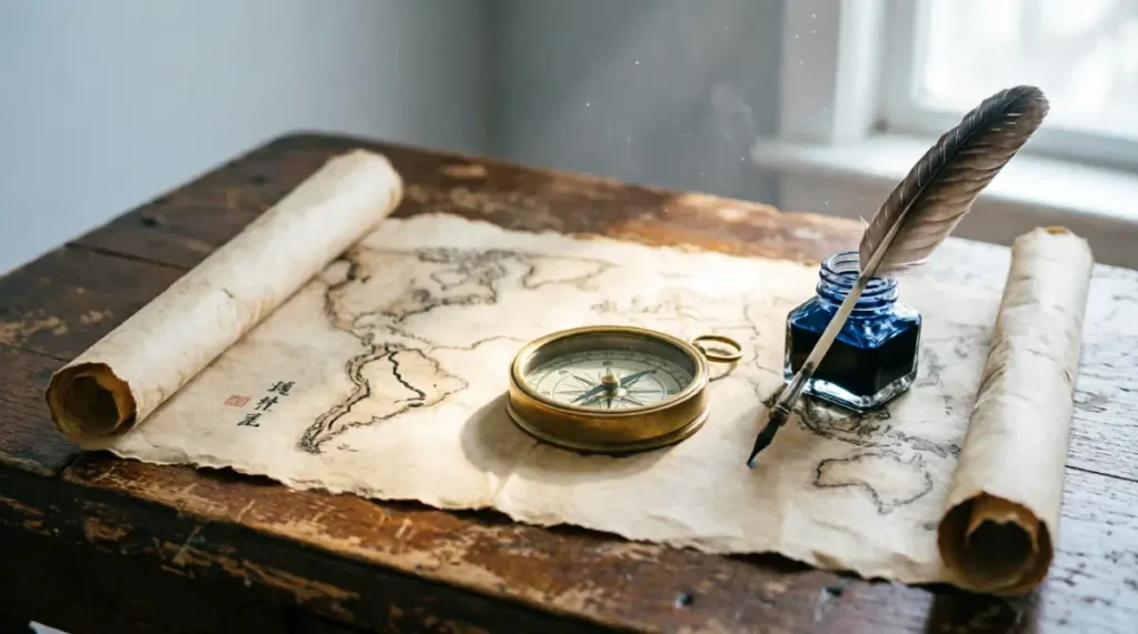 Hand-drawn map unfurling on wooden desk, compass center, faded ink routes visible (AI-generated illustration)