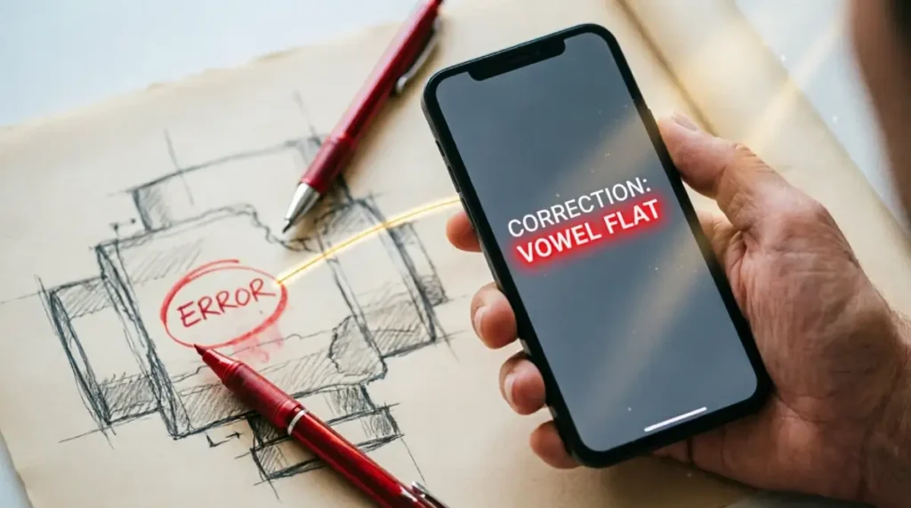 Hand holding smartphone with corrected vowel, blueprint, pen showing graphite line drawing across gap, pencil moving slightly(AI-generated illustration)