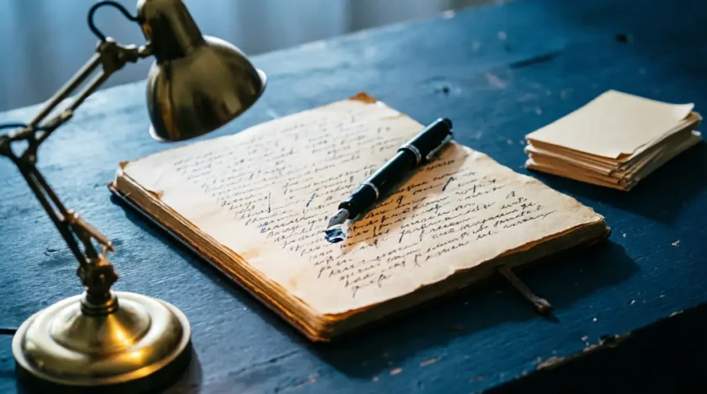 The Simplest Way to Review Vocabulary Without Burnout 3 Open sentence journal, handwritten texture, desk lamp, pen mid-stroke, flashcard stack beside (AI-generated illustration)