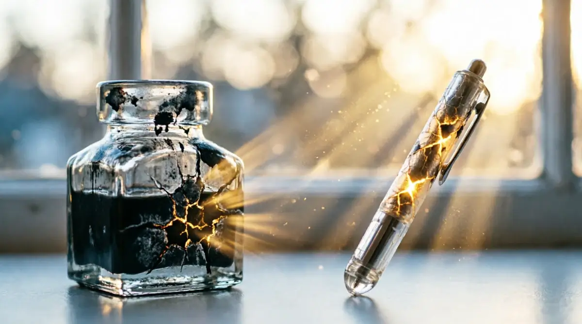 Cracked vintage inkwell with dried ink and cracked highlighter pen with golden light streaming through showing headline mining transformation (AI-generated illustration)