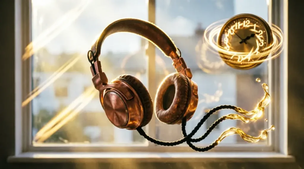 Headphones irregular cable pattern, window chaotic light, brass clock with overlapping glowing patterns(AI-generated illustration)