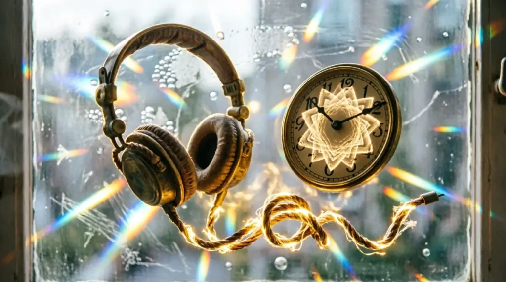 Headphones flowing liquid cable, clear window upward light flow, brass clock organic glowing rhythm patterns(AI-generated illustration)