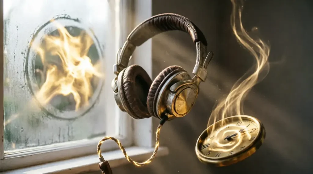 Partially unwound headphones with faint glowing patterns on floating brass clock, patchy fogged window(AI-generated illustration)