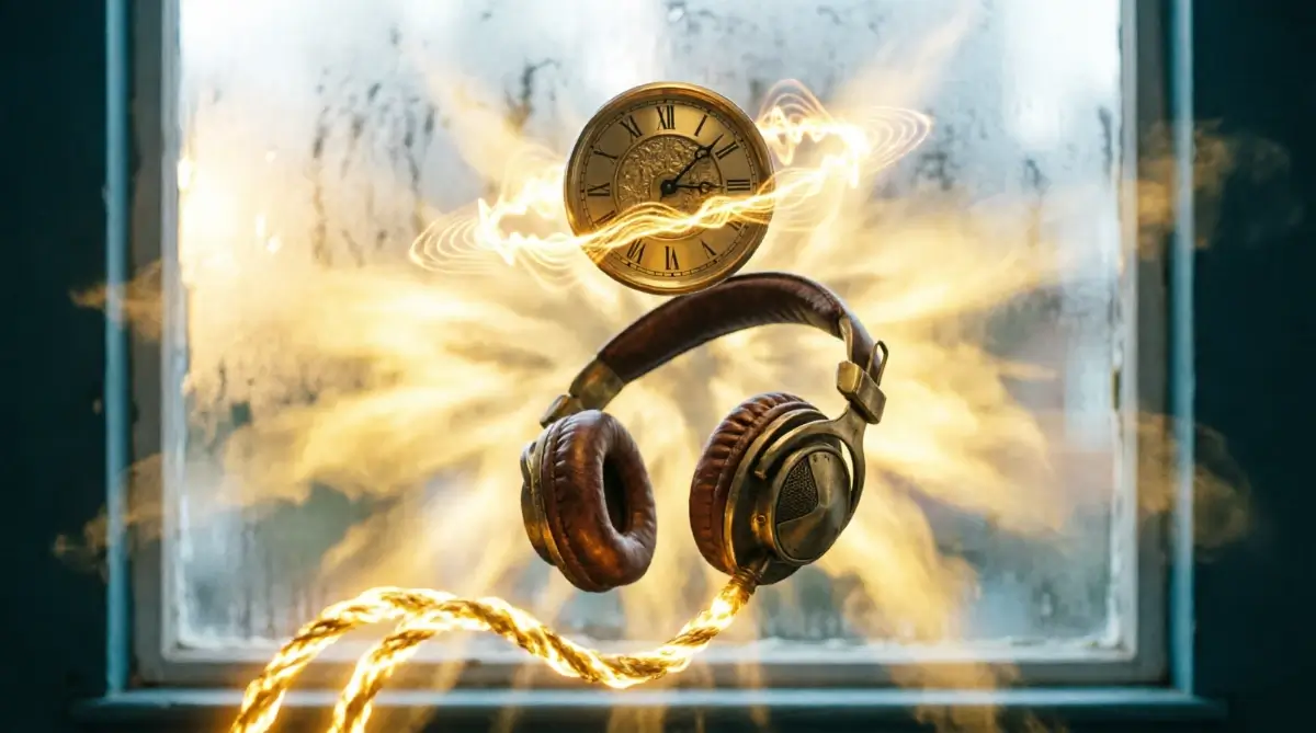 Floating vintage headphones with upward flowing golden cable, self-illuminating fogged window, brass clock(AI-generated illustration)