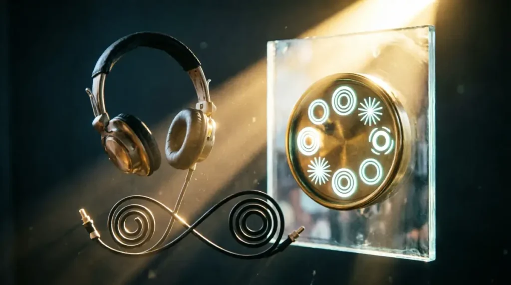 Headphones, cable,perfect spiral, clear window, golden beam, brass clock with aligned glowing pulse patterns(AI-generated illustration)