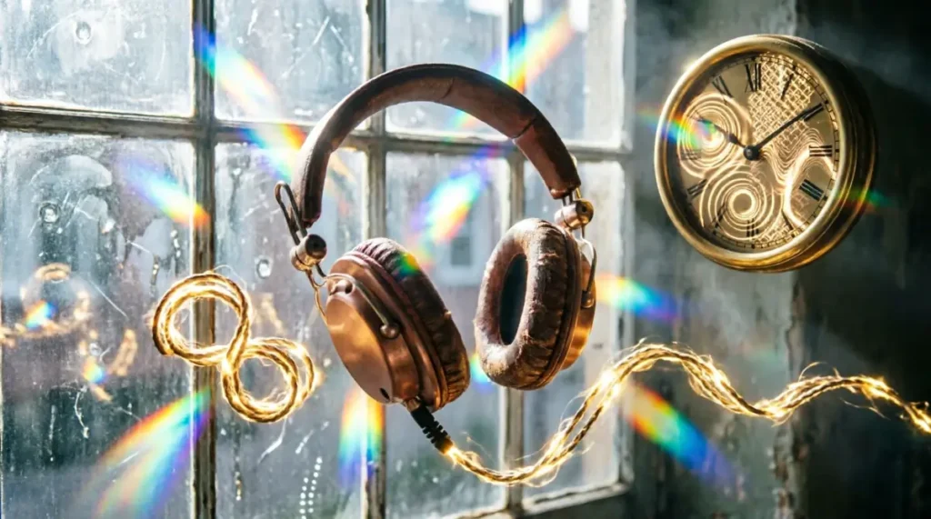 Headphones eternal spiral cable,self-illuminating window, brass clock glowing eternal patterns(AI-generated illustration)