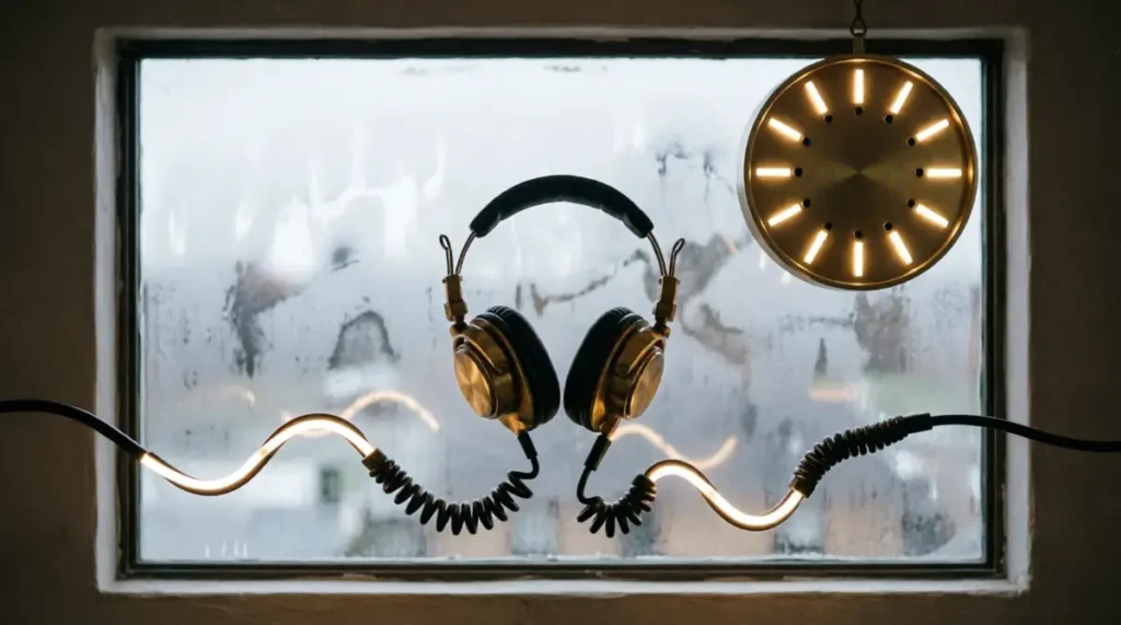 Headphones,tension-release cable pattern, window, brass clock with glowing patterns separated by dark pause gaps(AI-generated illustration)