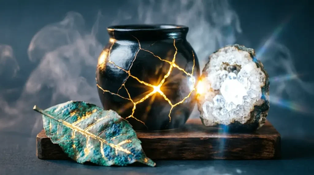 Obsidian vessel with healed cracks, quartz geode with full crystals, copper leaf with complete golden vein network(AI-generated illustration)