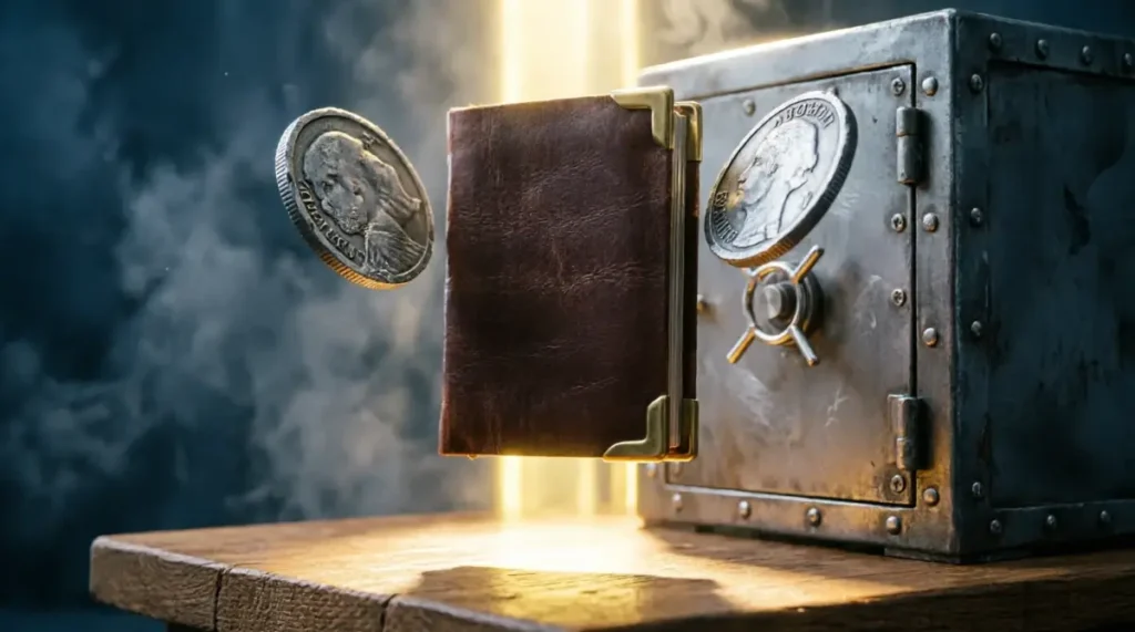 Heavy iron coins anchoring vault, thick sturdy leather ledger (AI-generated illustration)