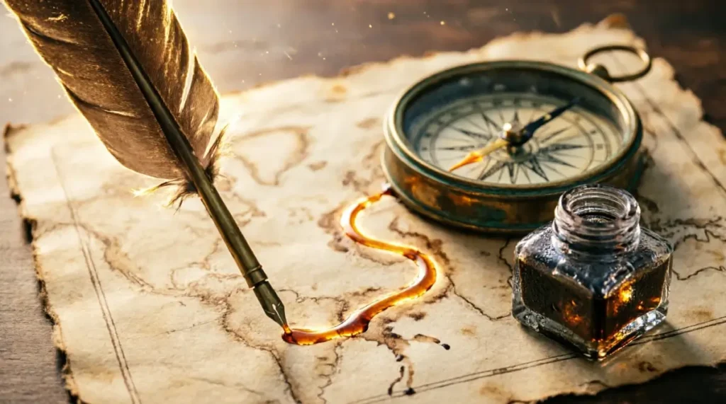 Ink flowing upward onto map forming glowing path, compass aligned, amber transformation (AI-generated illustration)