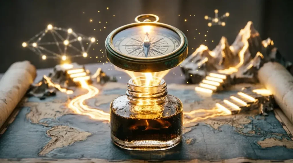Inkwell radiating golden volumetric light, map unfolding luminous landscape, compass floating center (AI-generated illustration)