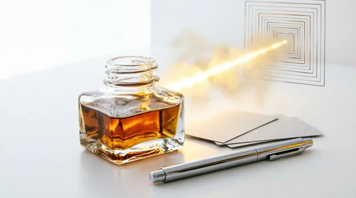 Golden inkwell with eternal crystalline structure, blank cards with pattern wall, silver pen and infinite geometric patterns showing mastery knowing (AI-generated illustration)