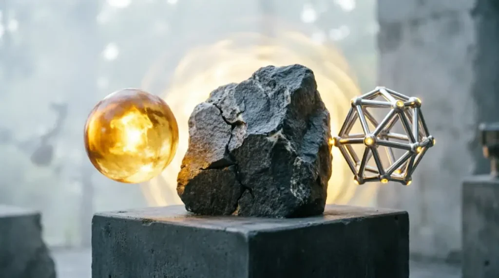 Basalt core integrated, amber sphere radiant with light, titanium lattice reconfiguring smoothly (AI-generated illustration)