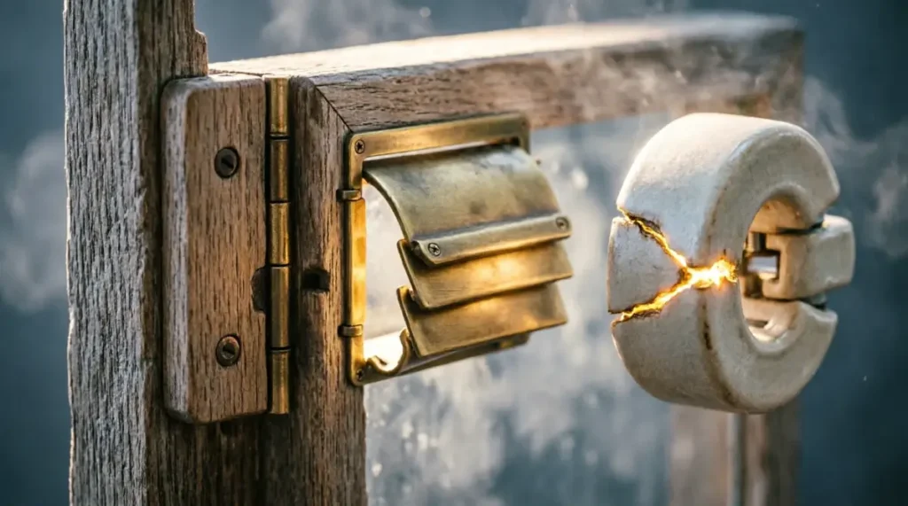 Integrated hinge, self-adjusting shutter, golden-seam clamp glowing showing environment design for automatic discipline (AI-generated illustration)