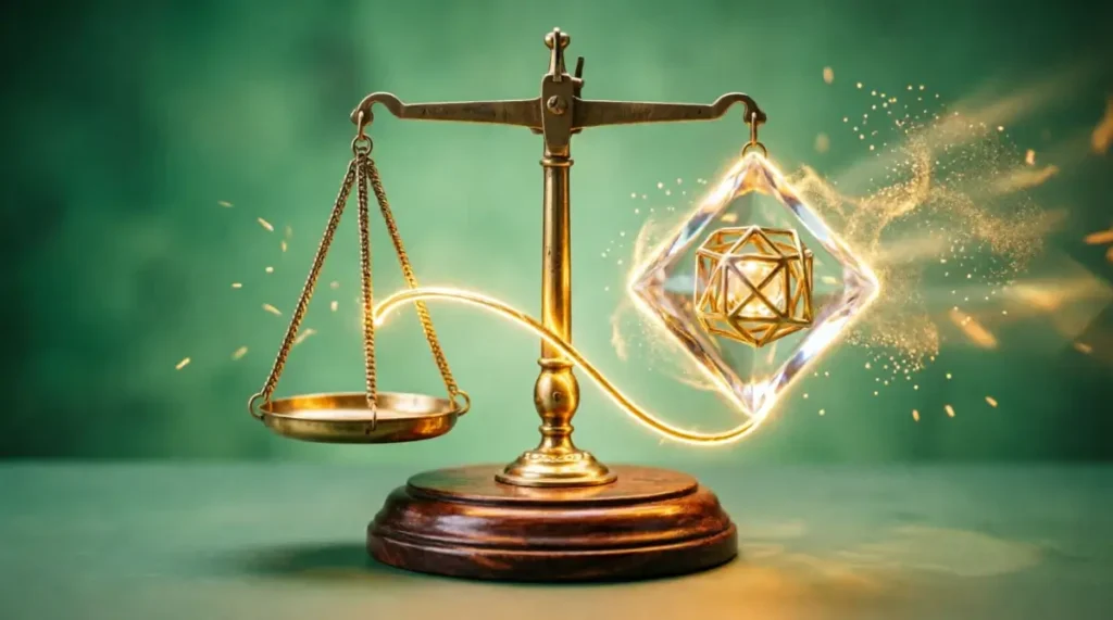 Integrated balance scale with golden filtration filament and clear prism (AI-generated illustration)