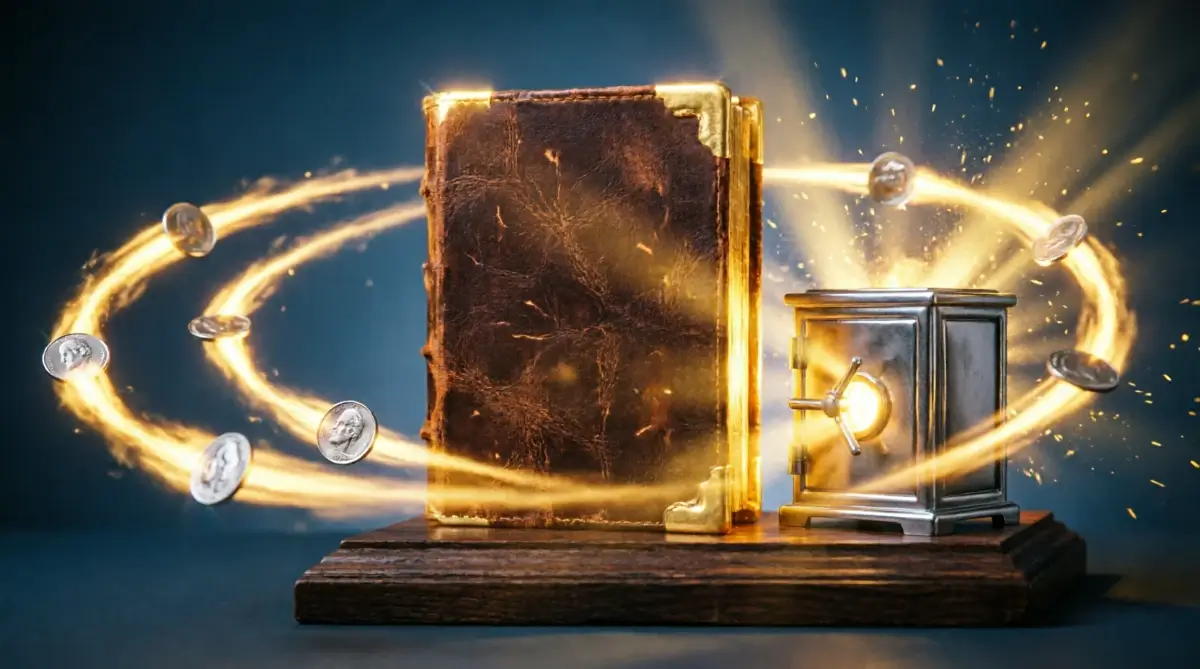 Iron coins inside vault, ledger inside vault, glowing complete vault (AI-generated illustration)
