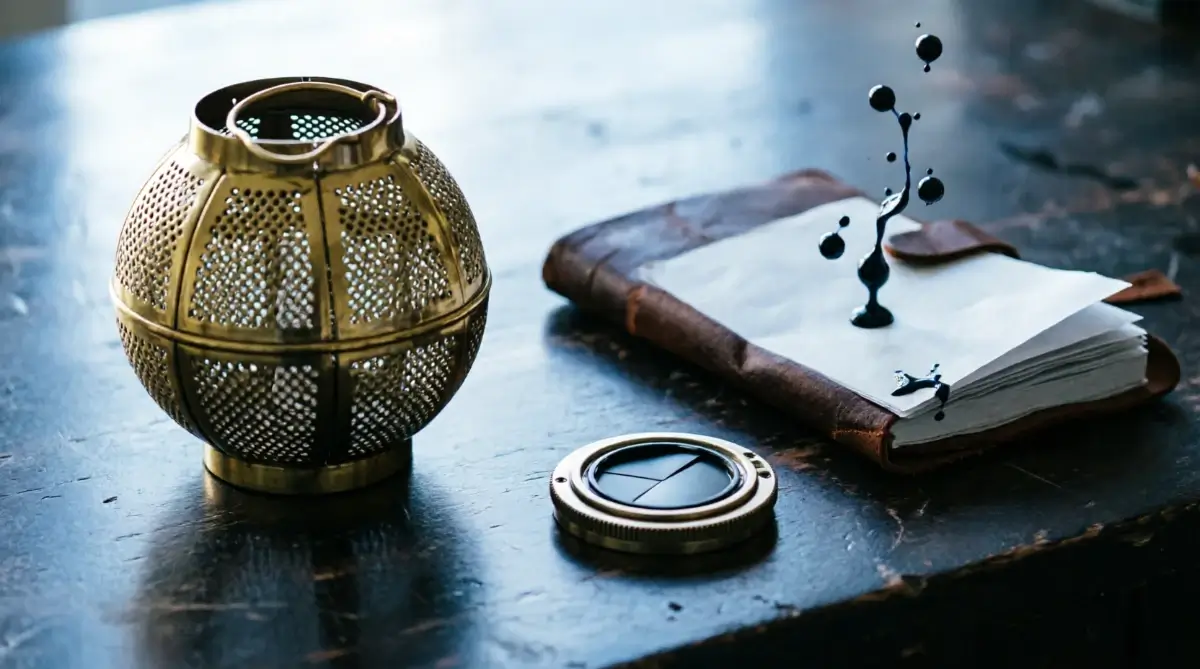 Brass pattern lantern with closed perforated shades, evidence ledger with blank pages, focus aperture closed on dark wood, ink droplets floating upward (AI-generated illustration)