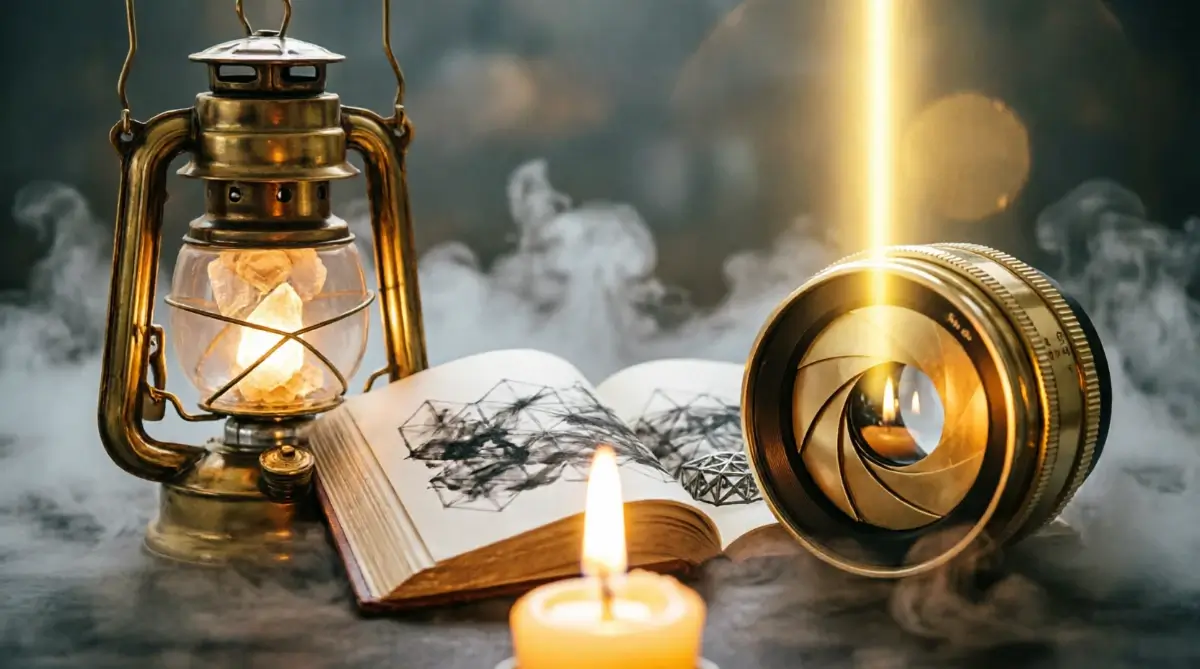 Brass pattern lantern with depth structure, evidence ledger with second-pass patterns, focus aperture with mirror-polished surface showing transformation (AI-generated illustration)
