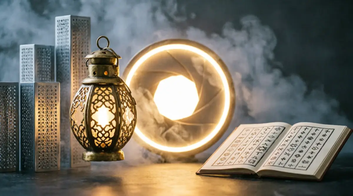 Brass pattern lantern pointing to three-column patterns, evidence ledger with abstract scorecard marks, glowing focus aperture showing client scoring (AI-generated illustration)