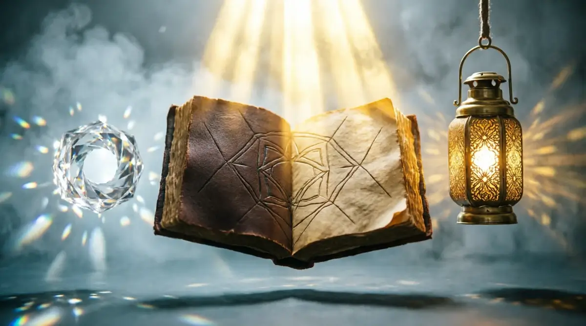 Evidence ledger with integrated specialist patterns, brass pattern lantern with golden steady light, glowing focus aperture showing authority voice (AI-generated illustration)