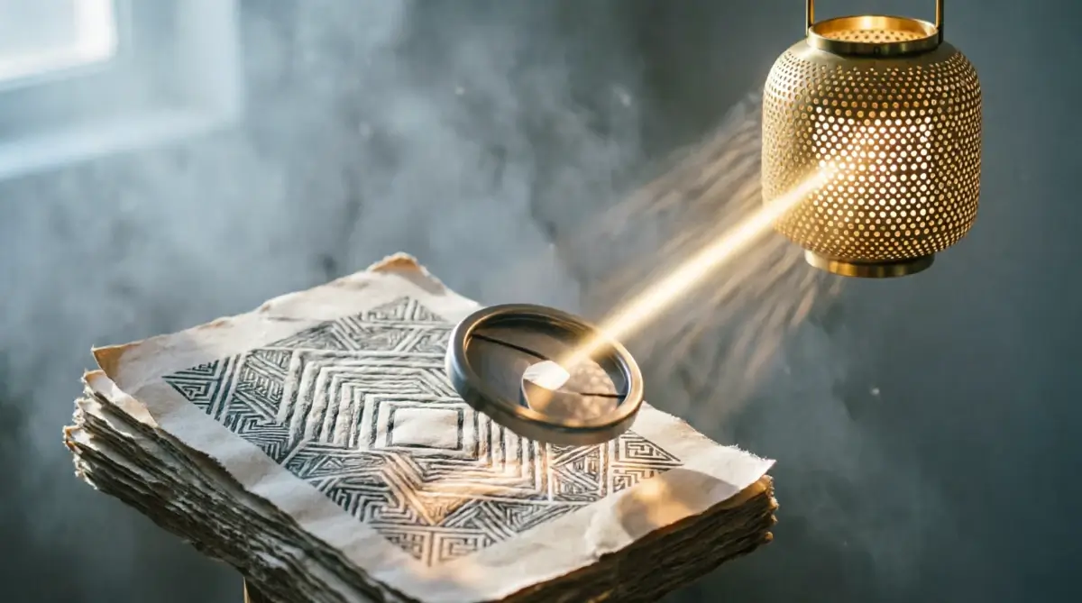 Evidence ledger pages self-organizing into deep layered patterns, brass pattern lantern with steady light, focus aperture with concentrated beam showing patience (AI-generated illustration)