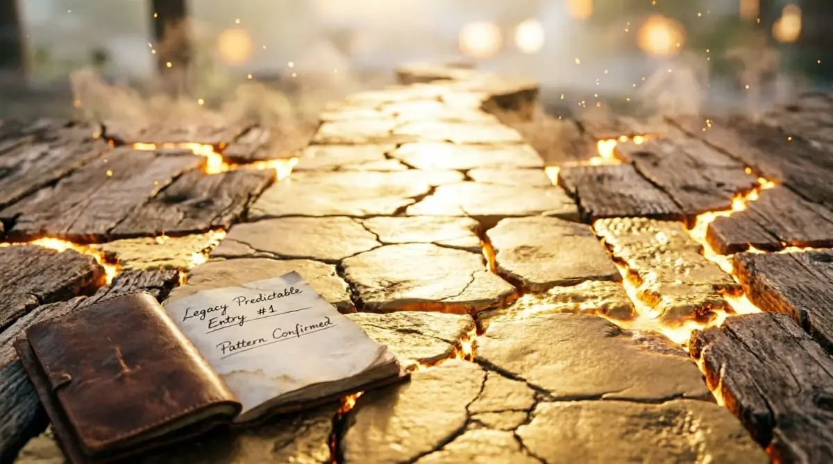 Legacy trailhead, legacy green checkmarks, legacy technical logbook, light-filled cracks, golden bloom volumetric light (AI-generated illustration)