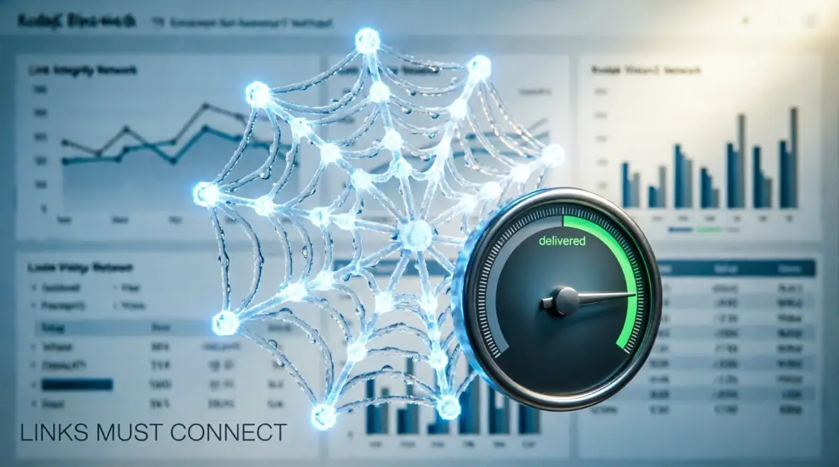 Link Integrity Network glowing web with Title Promise Alignment Meter locked on Generic Blog Dashboard background(AI-generated illustration)