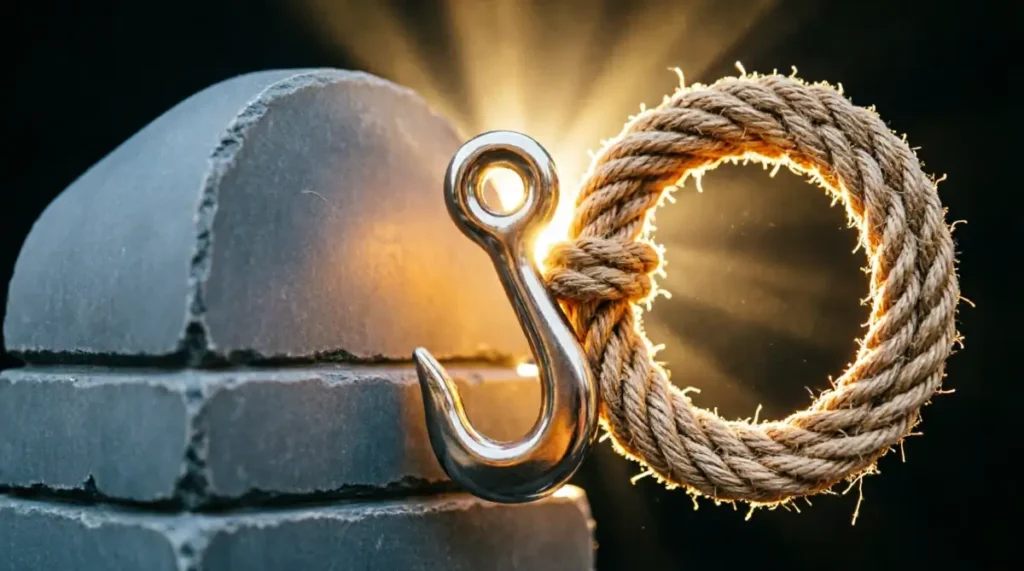 Locked ledger stones, engaged iron hook, sealed woven cord, golden light radiating at 80% (AI-generated illustration)